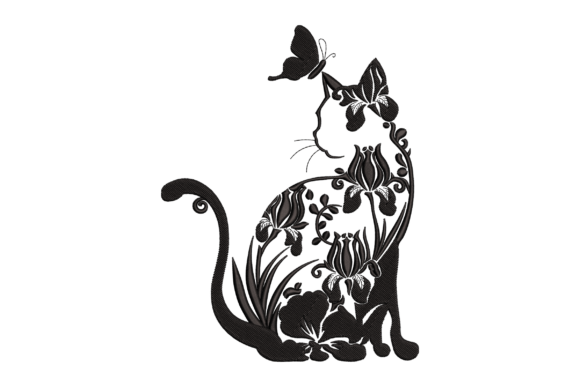 Floral Cat Butterfly Embroidery Design